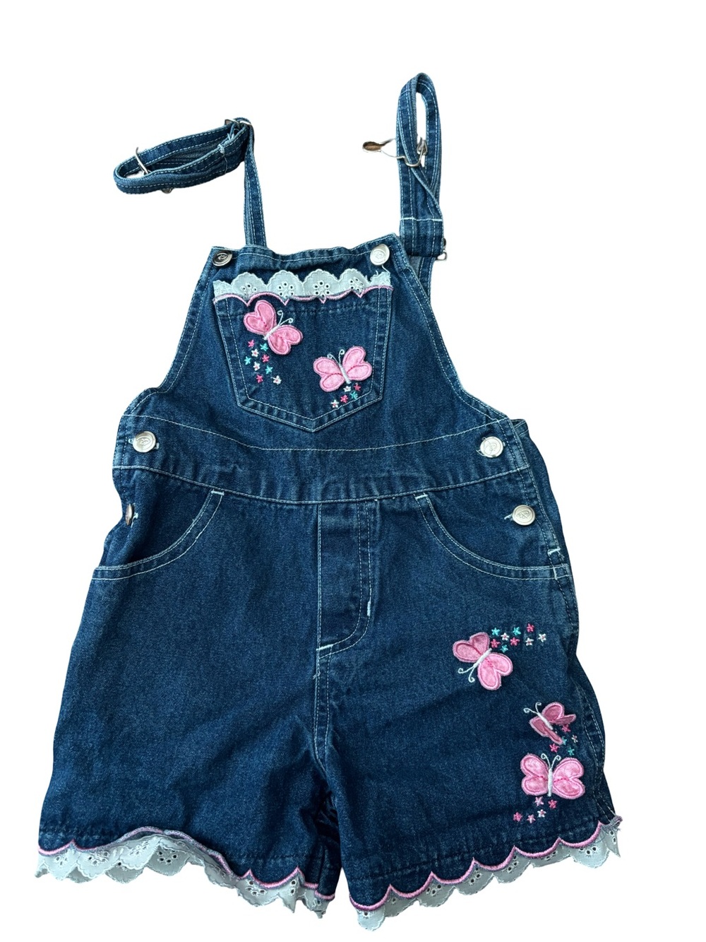 Vintage Disney Girls Denim Shortalls with Pink Butterfly Embroidery